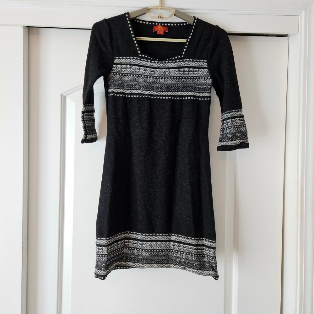 Krimson Klover Sweater Dress Womens‎ Small Gray White Merino Wool Fair Isle